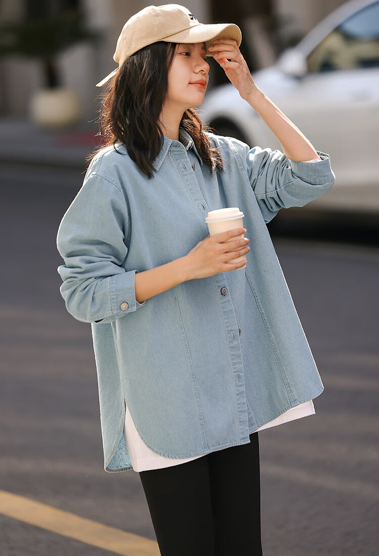 Dme [Light-Colored Denim Shirt] Spring And Autumn Youthful Age-Reducing Artistic Elegant Simple Basic Shirt for Wome 4