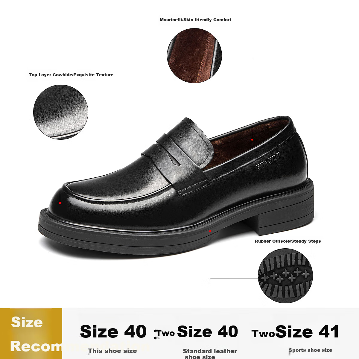 St&Sat Men's Shoes, Top-Grain Leather, Formal Business Dress Shoes, Versatile Slip-On Casual Leather Shoes for Men, Black, Size 43 16