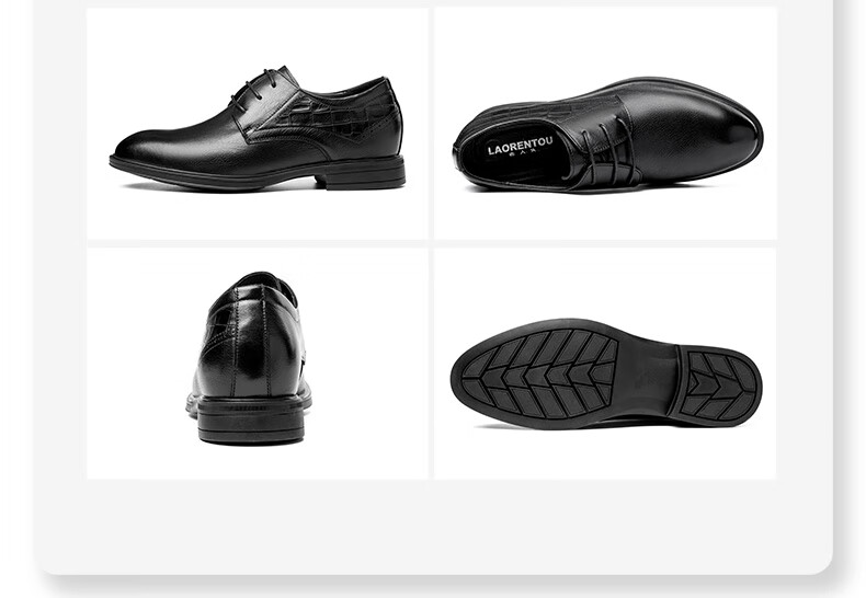LAORENTOU Men's Leather Shoes, Lace-Up Business Formal Shoes, Small Size Invisible Height-Increasing Shoes, LA11713, Black, Size 38 8