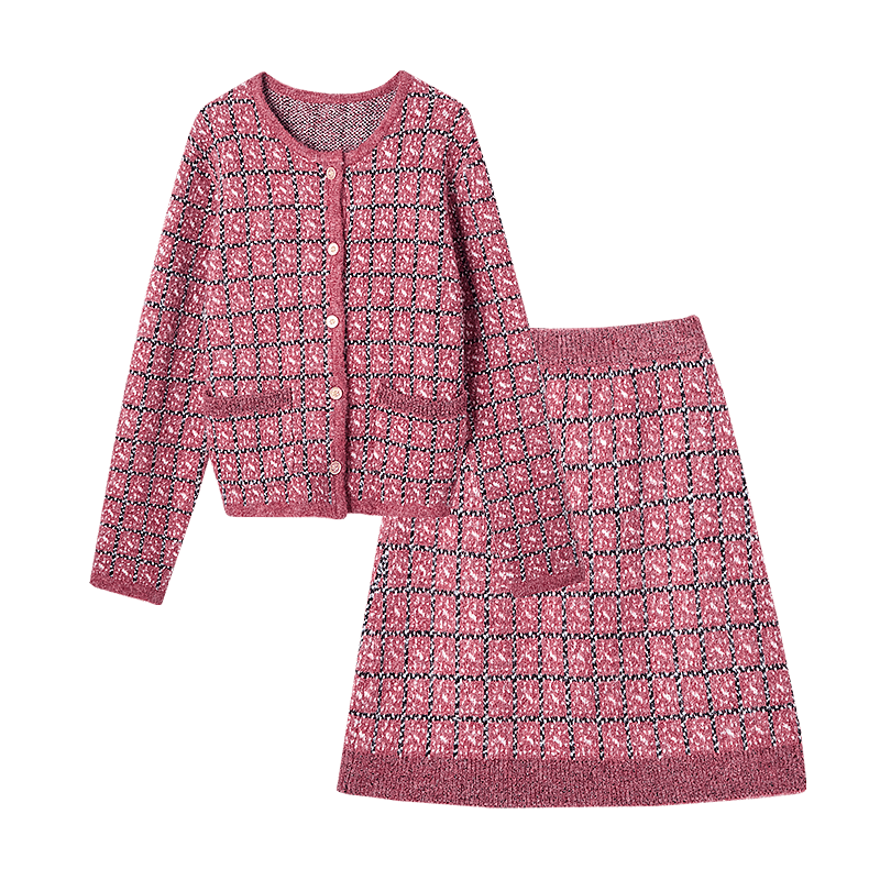 DME Chic Two-Piece Set Spring Autumn Plaid Round Neck Top High Waist A-Line Skirt Women's Fashion