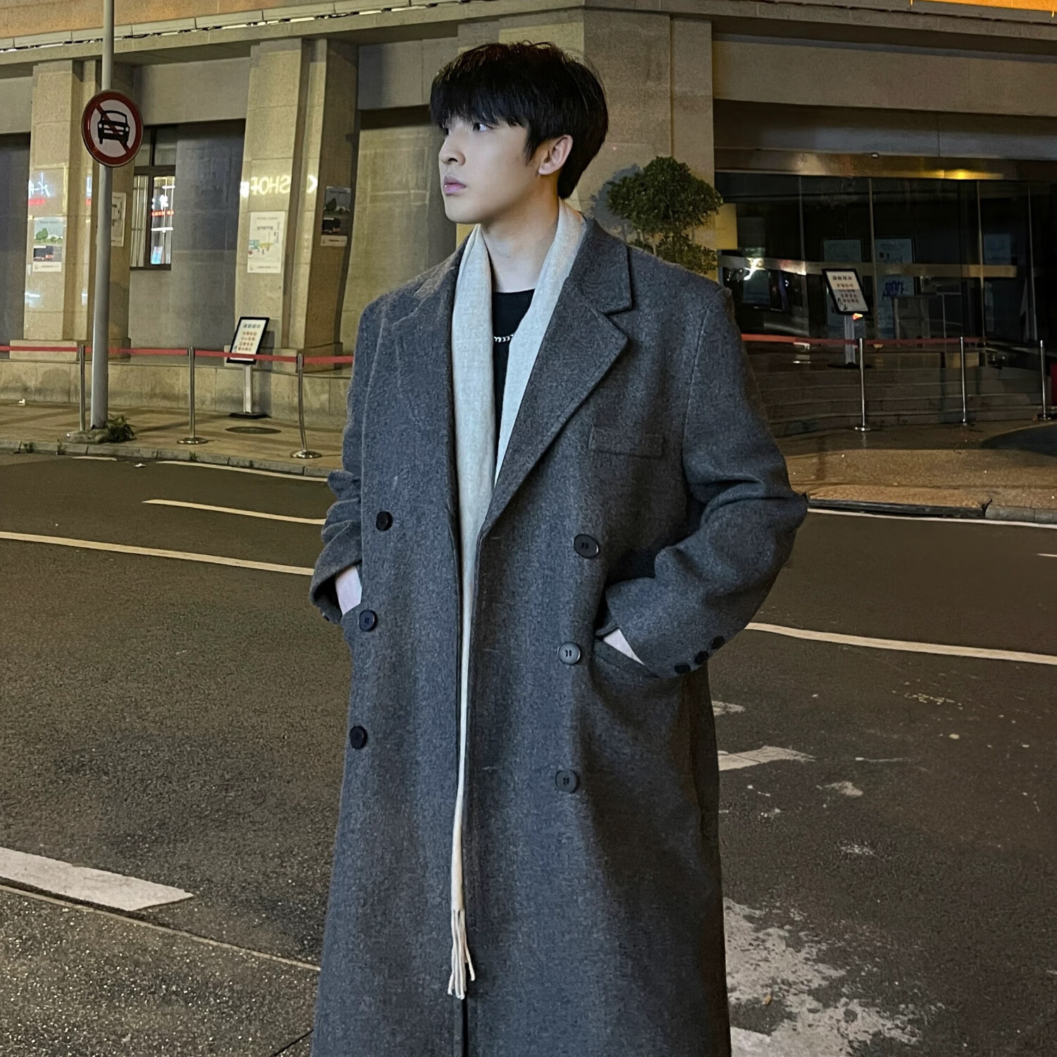 Dingfengbaoluo Men's Woolen Coat Autumn Winter Mid-Length High-End British Style Woolen Trench Coat 99 Black Fleece Lined 4XL