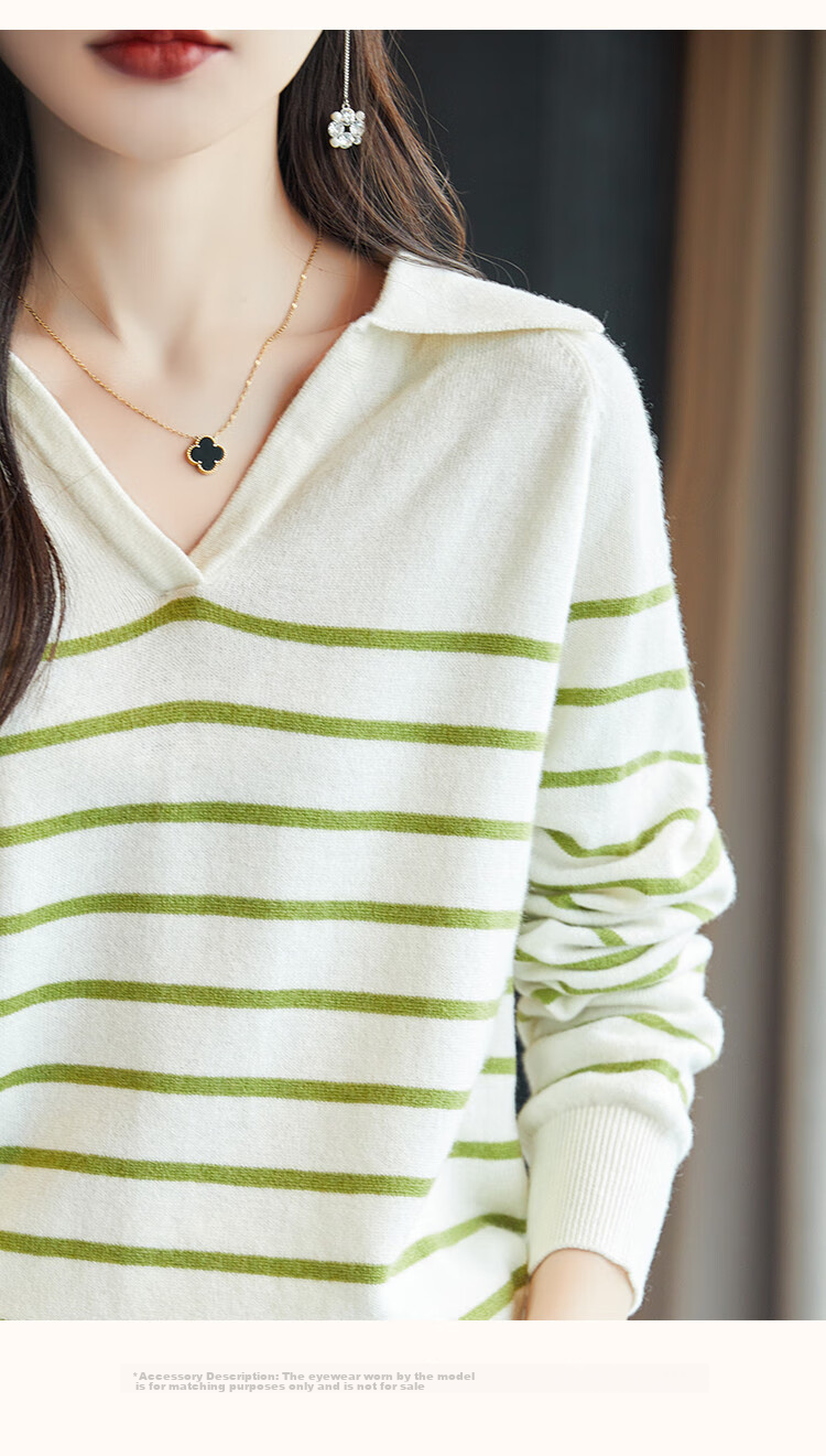 Dme Wool V-Neck Striped Sweater, Elegant And Relaxed Women's Wool Sweater, Black, L 21