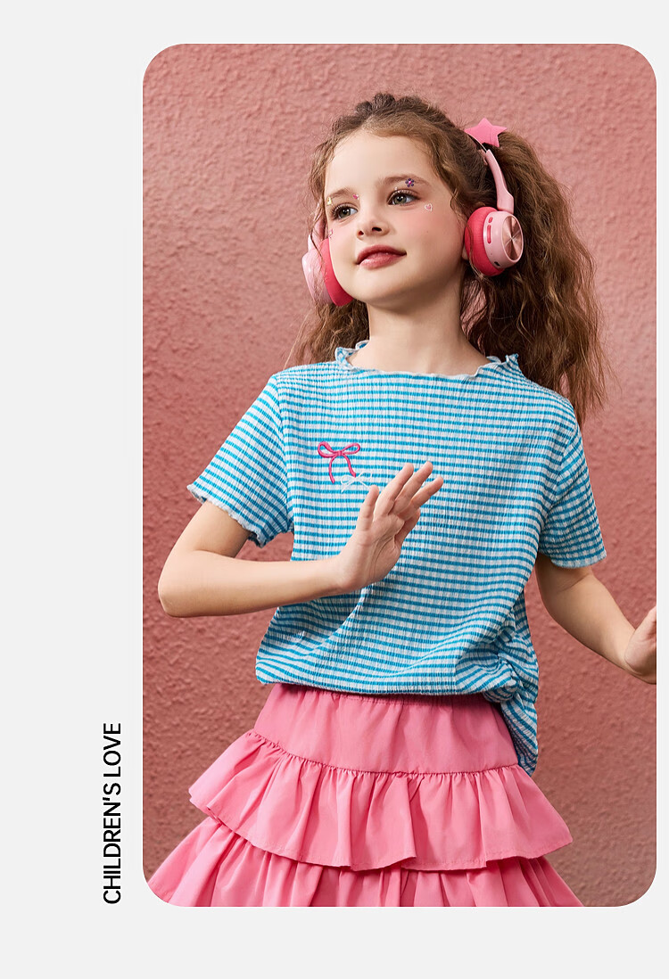 ASK JUNIOR Striped Contrast Color Children's Short-Sleeve T-Shirt, Summer Lightweight Breathable Girls' Butterfly Bow Half-Sleeve Tee, Blue, Size 120 6