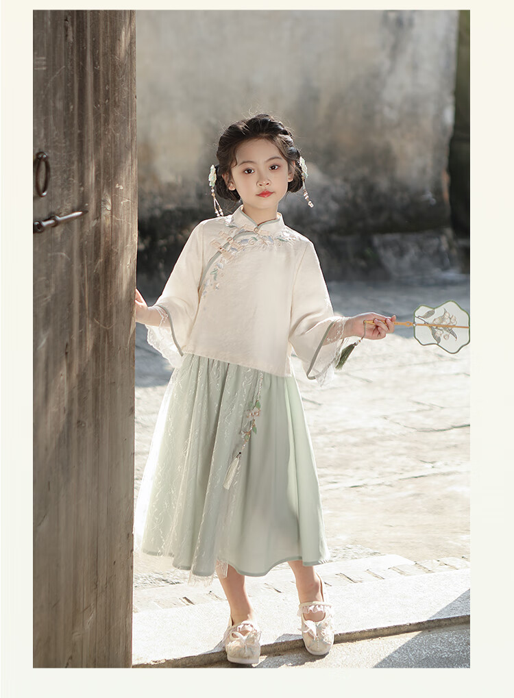 Qibo Hanfu Girls' Spring And Autumn Mid-Autumn Festival Kindergarten Performance Children's Chinese-Style New Traditional Set, Qingdai Long Sleeve, Size 100 12