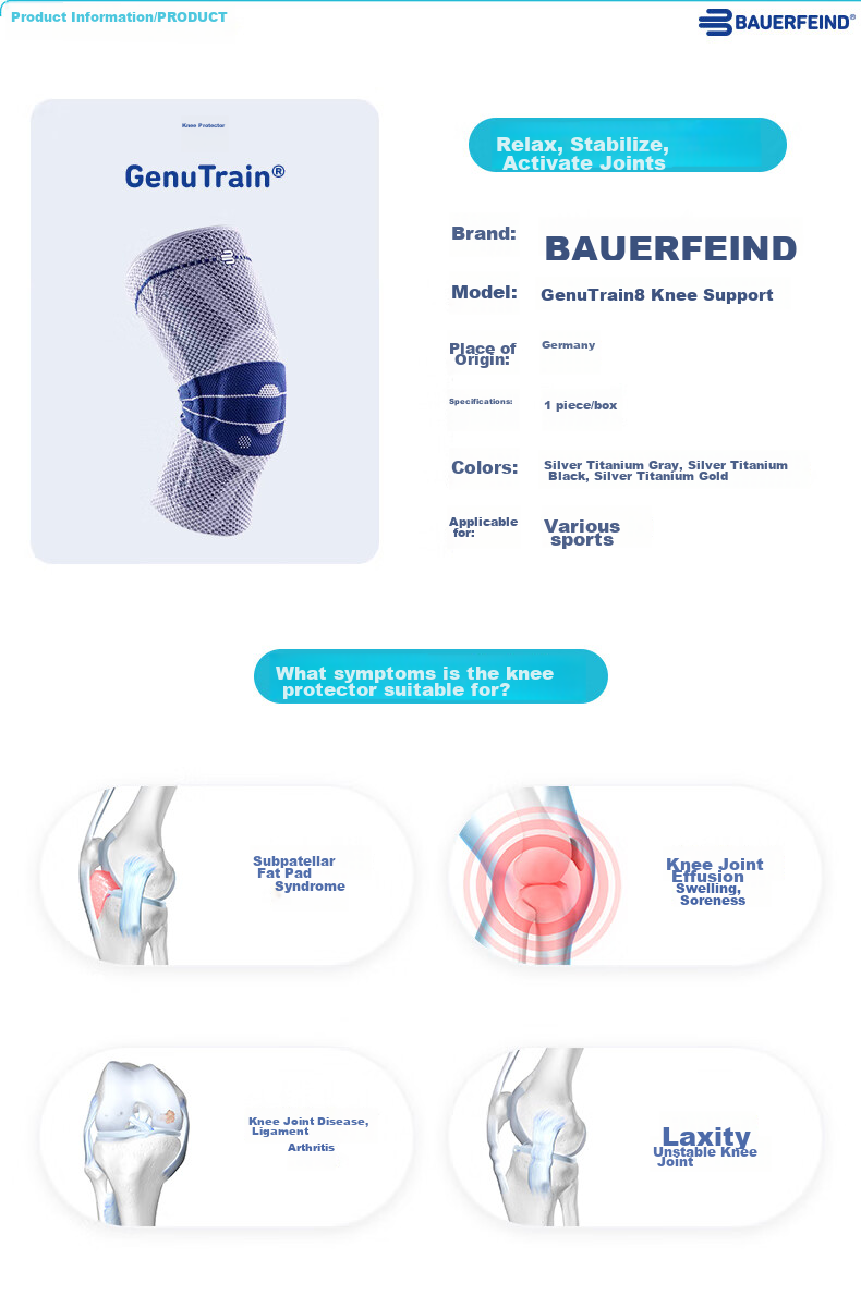 BAUERFEIND Silver Titanium Black Non-Slip Size 0, German Original Sports Knee Pads, Basketball Running Protective Gear GenuTrain, Single Pack 4