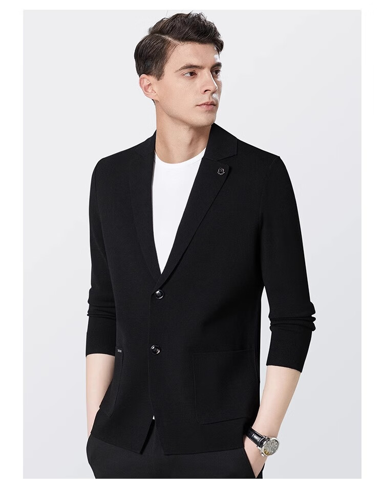 MONTAGUT Spring And Autumn Men's Knitted Suit Jacket, Business Casual Comfortable Slim Fit Blazer, Black, Size 50 13