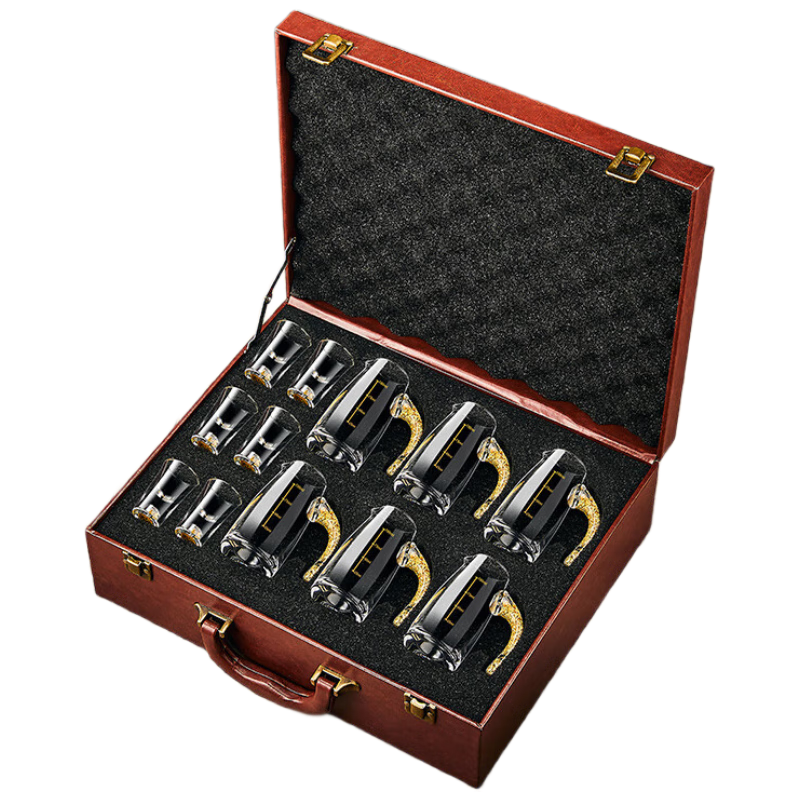 CLITON Gold Foil Premium Crystal Baijiu Glass Set with Decanter, 6 Small Liquor Cups and 6 Pots