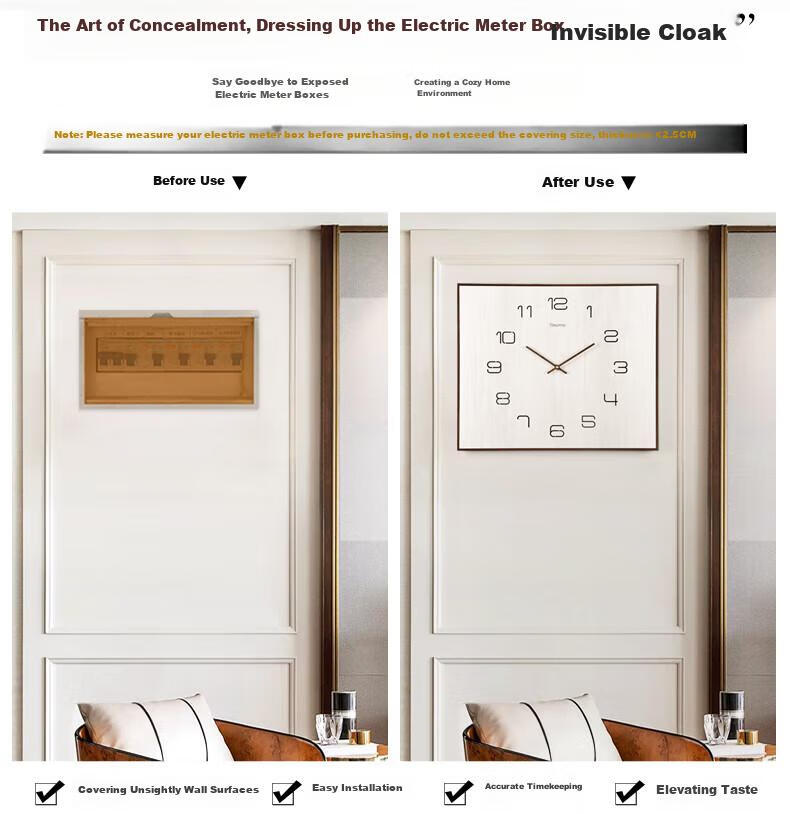 Hense Electric Meter Box Decorative Wall Clock, Living Room Power Switch Cover, Distribution Box Concealment Clock, Quartz Clock HW363 Large Size 61.5cm 4