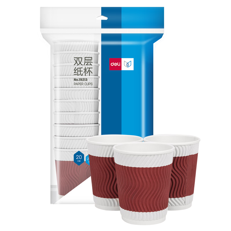 Deli Paper Cups, 228ml Disposable Paper Cups And Water Cups, Thickened Anti-Scalding Non-Slip Three-Layer Tea Cups with Wavy Pattern, Red, 20 Pieces