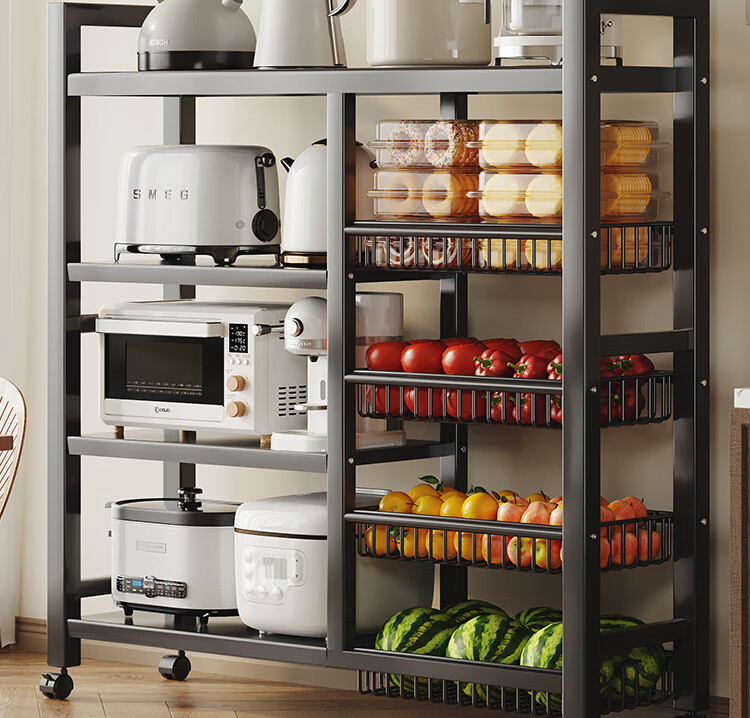 QIAONAMEI Floor Storage Rack, Multifunctional Kitchen Organizer Shelf, Microwave Oven Storage Rack, Fruit And Vegetable Basket Shelf 6392-BK(B) 2