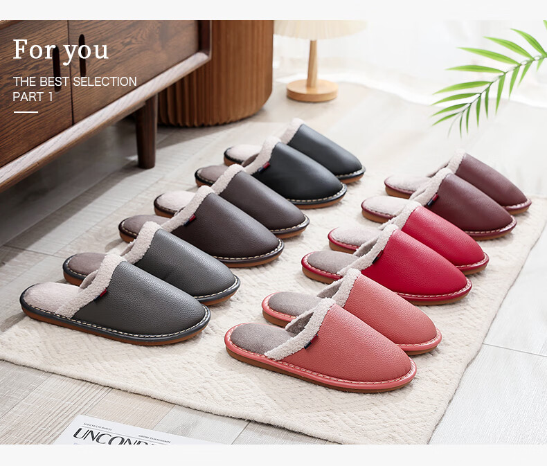 GUOLUOFEI Waterproof PU Leather Cotton Slippers for Men And Women, Winter Outdoor Wear Non-Slip Indoor Maternity Shoes Home Cotton Shoes, Black, Size 44/45 2