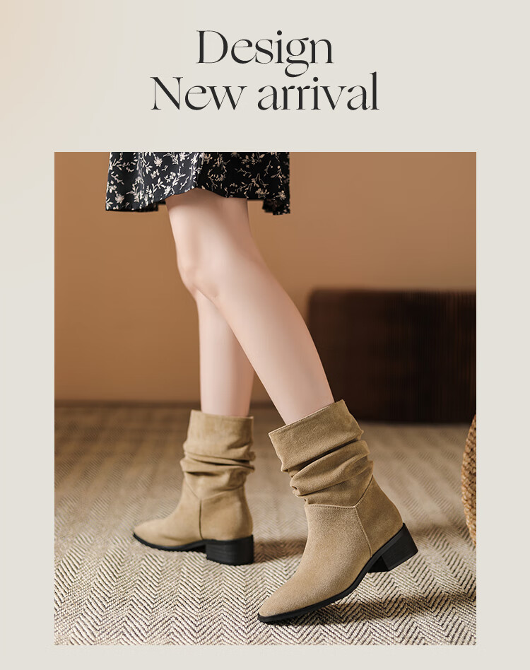 DAPHNE Western Cowgirl Boots for Women, Autumn And Winter Fashion Mid-Calf Chunky Boots, Retro Short Boots for Women, Khaki, Size 36 3