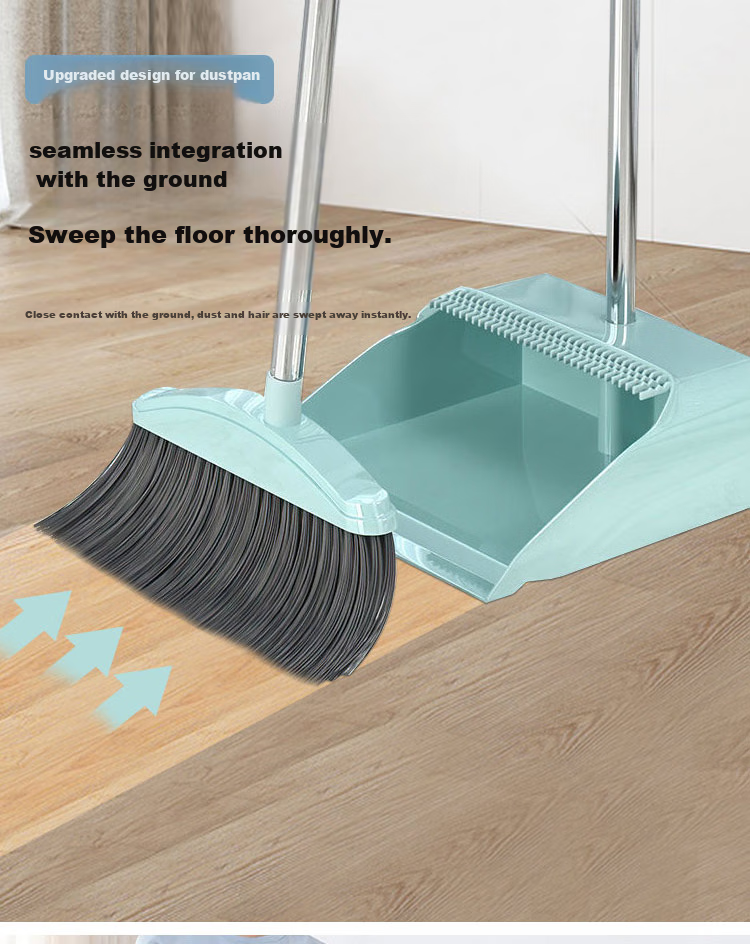 MENGTING Comb-Toothed Windproof Broom And Dustpan Set, Stainless Steel Handle Broom And Dustpan Combo Two-Piece Set, Gree 6
