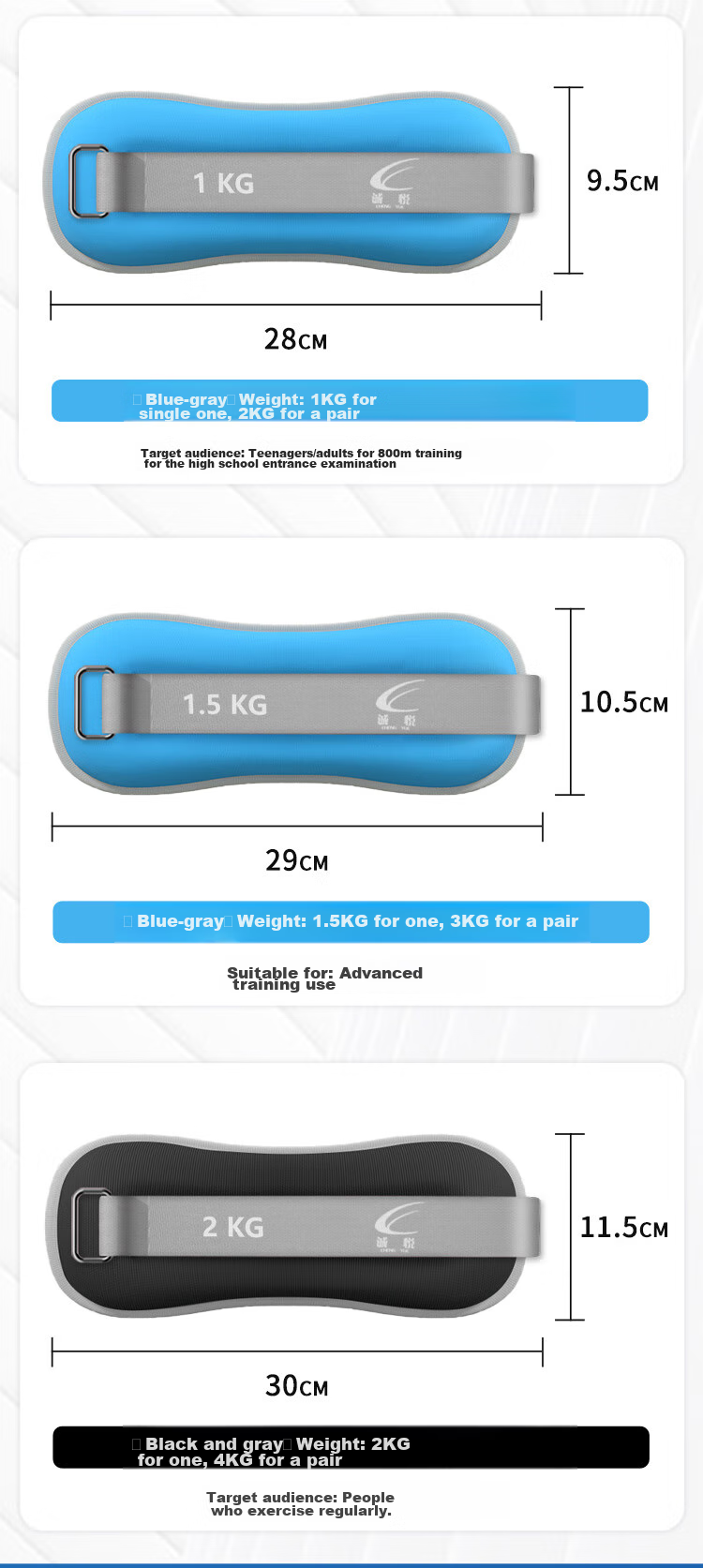 Chengyue Running Weighted Sandbag Invisible Leg And Arm Straps Fitness Equipment Set Iron Sand (1KG X 2) Blue-Gray CY-516 10