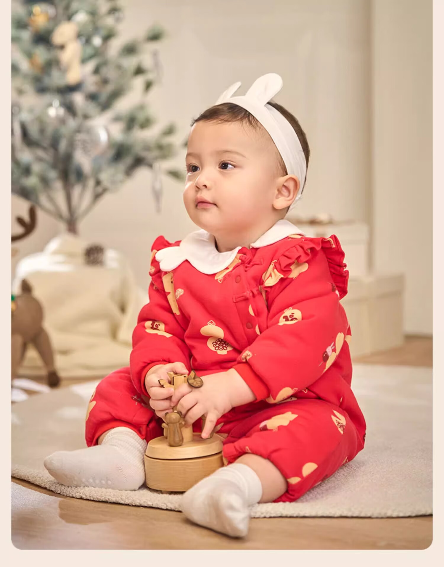 DAVE & BELLA Newborn Quilted New Year Romper Autumn Winter Baby Girl Red One-Piece Cotton Outfit Traditional Style 5