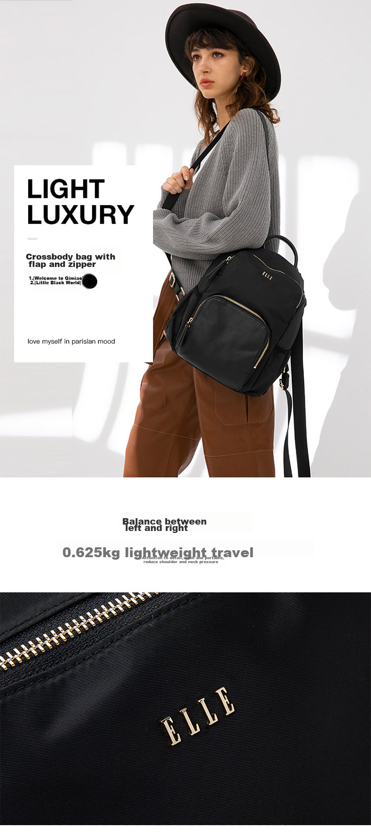 ELLE New Women's Bag, Large Capacity Travel Backpack, Sports Schoolbag for Middle And High School Students, Birthday Gift, 80313 Black 1