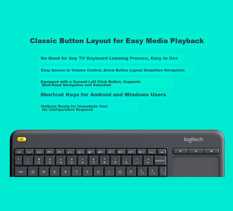 Logitech K400Plus Wireless Keyboard with Touch Control for Android Smart TV, Computer, Laptop Office Use with 2.4G Wireless Receiver, Black [Order Bonus] 7