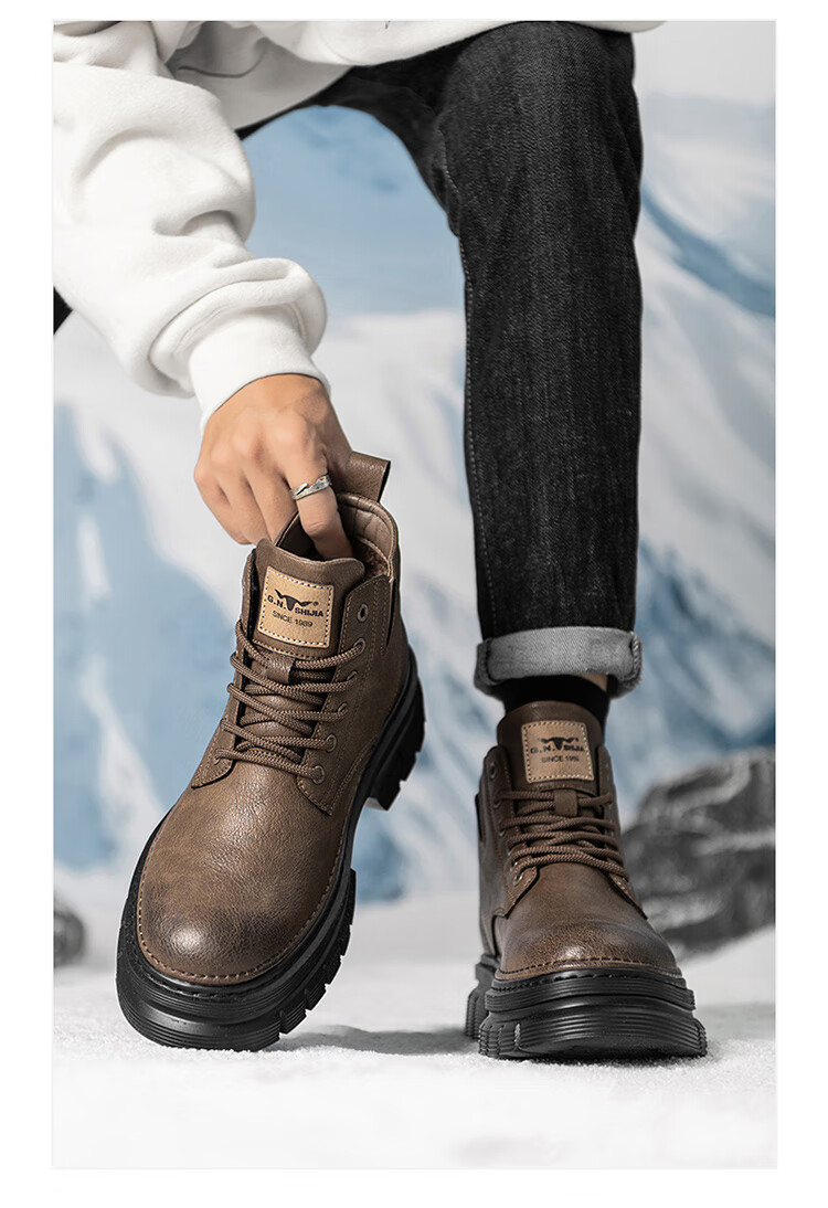 Bull Family Men's Autumn Winter British Style Martin Boots High-top Retro Versatile Work Boots Thick-soled Durable Shoes for Men 39