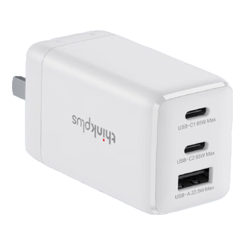 ThinkPlus Lenovo Laptop Charger, 65W Three-Port Fast Charging, Type-C Charging Head, Compatible with PD20W Apple 17-Inch Phone And Laptops, Huawei, Xiaomi, White
