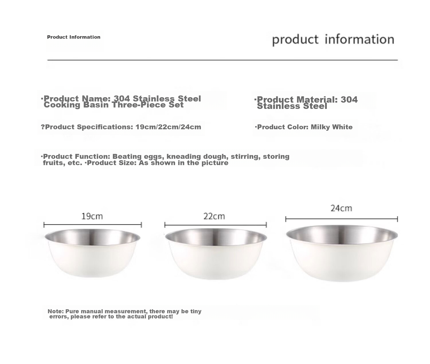 Canjiangjun 304 Stainless Steel Kitchen Bowl Set of Three: Measuring Bowl, Thickened Mixing And Dough Kneading Bowl, Egg Beating Bowl, Baking Bowl 20