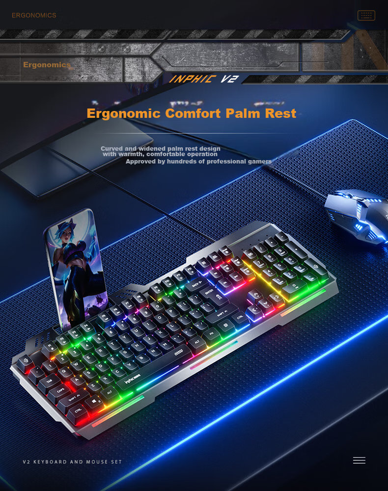 INPHIC K2 Gaming Keyboard Wired Office 104-Key Computer Desktop USB External Backlit Metal Panel 26-Key Anti-Ghosting Metal Gray 7