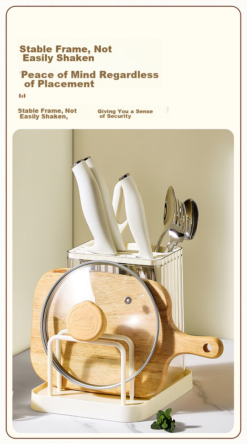 COOKER KING Knife Holder Storage Rack, Cream-Colored Multifunctional Cutting Board Rack, Chopstick Cage And Knife Organizer, Chopsticks Spoon Cutting Board Stand 8