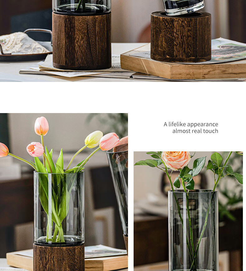 Mudingding Wooden Glass Art Vase, Nordic Light Luxury Minimalist Style, High-End Wooden Base, Water Planting Vase, Gift 3