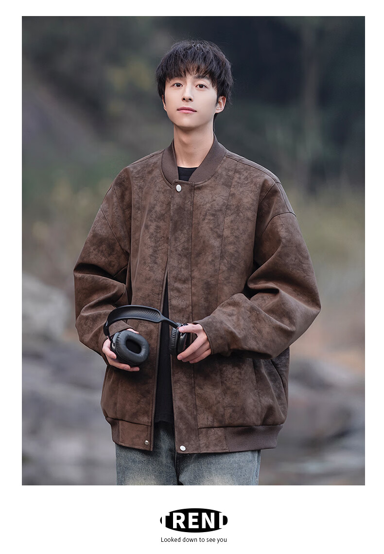 POUM American-Style Trendy Leather Jacket for Men, Spring And Autumn Vintage Cool Casual Workwear Jacket 6211 Brown XL 10