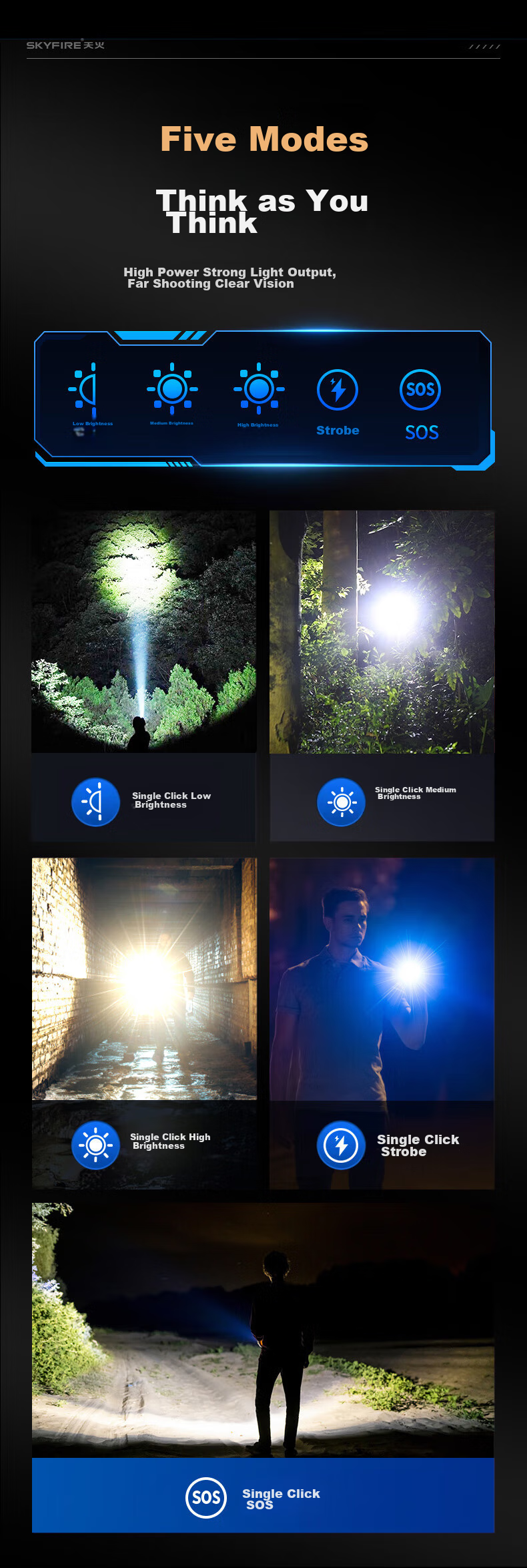 SkyFire Flashlight, Canglong High-Intensity Ultra-Bright Zoomable Long-Range Rechargeable for Home, Military, Outdoor And Wilderness Survival Use 8