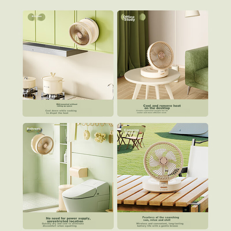 Xiyou Kitchen Wall-Mounted Fan, No Drilling Required, for Bed, Dormitory, Office Desk, Small Tabletop Rechargeable Electric Fan, Bathroom Air Circulator, Home-Use Mini Fa
