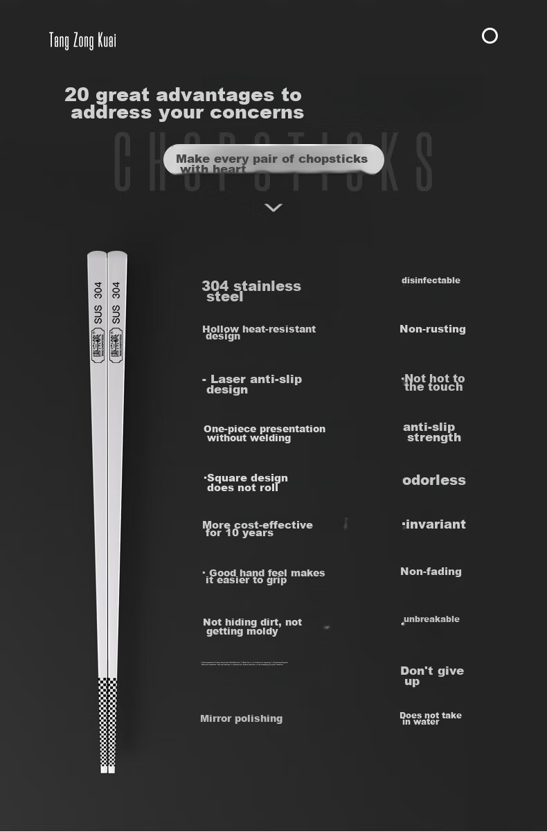 Tangzongkuai 304 Stainless Steel Chopsticks - Round Head Auspicious Style, 23.5cm*10 Pairs, Non-Slip, Heat-Resistant, Drop-Resistant C6337 5
