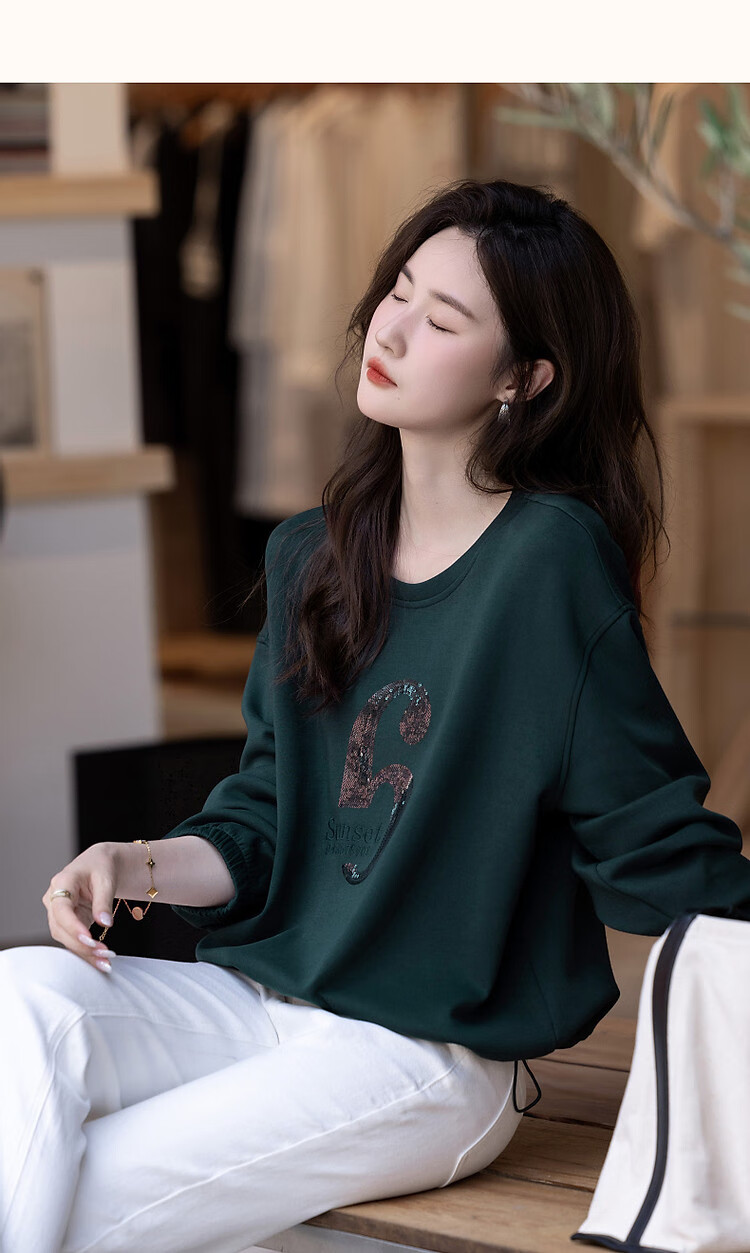 Dme [280G Air Layer] Autumn Letter Bead Embroidery Small Hoodie Women's Top, Dark Green, S 23
