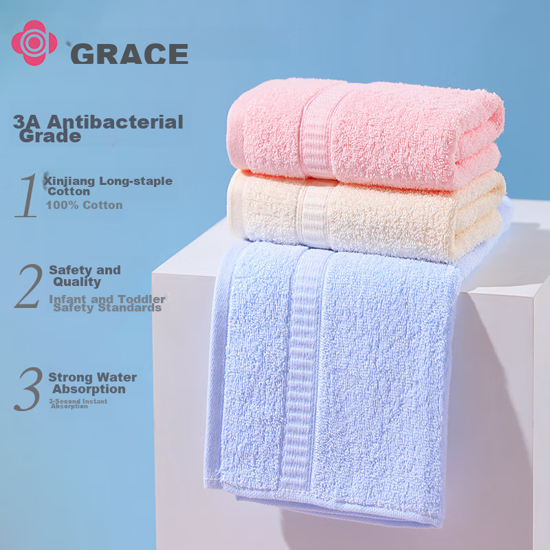 Grace Towels, Antibacterial Class A Pure Cotton Highly Absorbent Face Towels for Men And Women, Sports Washcloths, Pink + Gray + Blue, Pack of Three