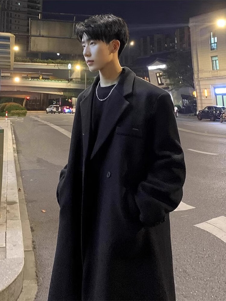 Dingfengbaoluo Men's Woolen Coat Autumn Winter Mid-Length Korean Style High-Quality Loose Over-the-Knee Wool Trench Coat HT88 Black 5XL 1