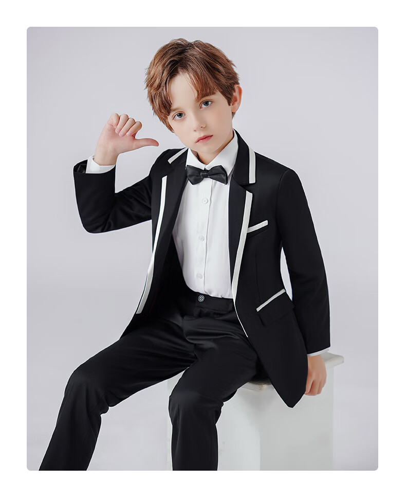 Luomeng Children's Suit Set for Boys, Host Formal Wear, Piano Performance Outfit, Flower Girl Performance Costume, Black And White Trim, Size 110 9