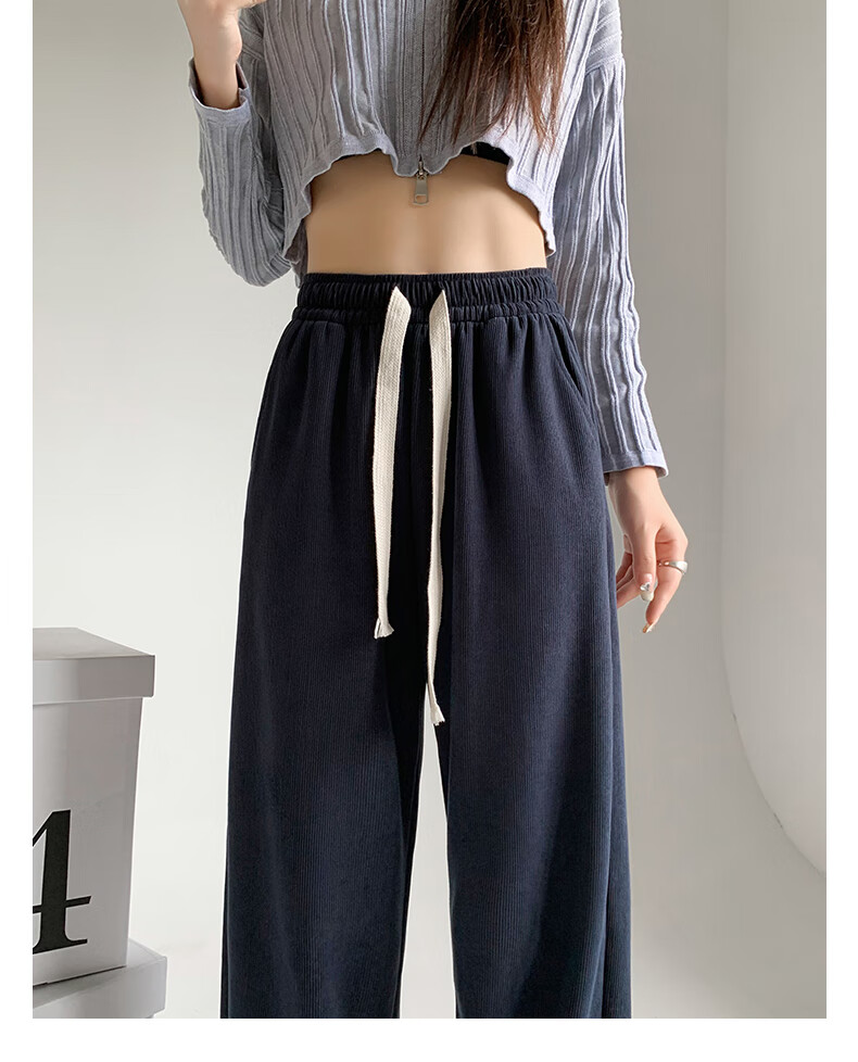 LangSha White Chenille Slim Wide-Leg Pants for Women, Spring And Autumn Thin Style, High-Waisted Draping Straight-Leg Corduroy Casual Sports Trousers 21