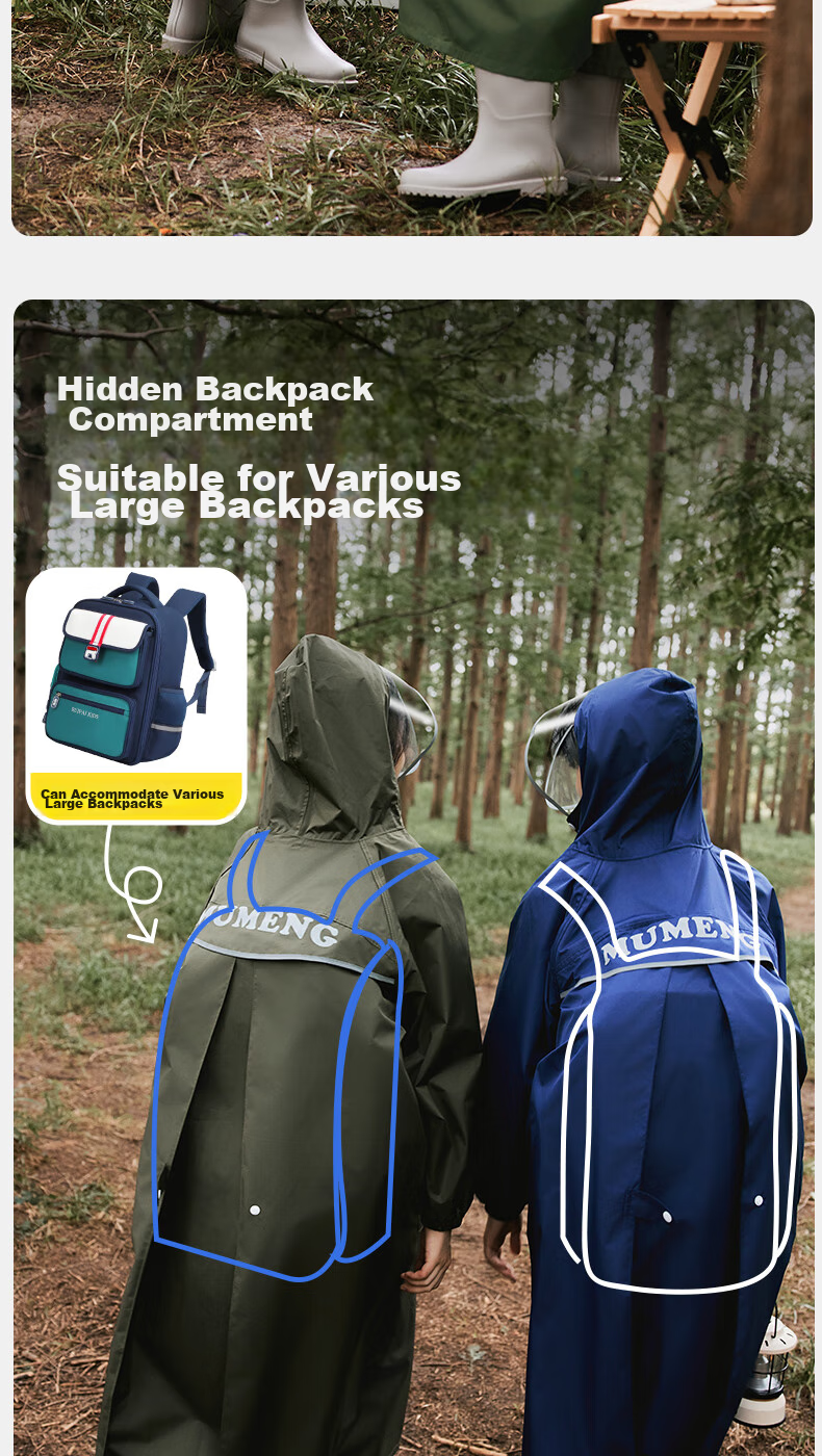 Moremerry Children's Raincoat for Boys And Girls, Elementary And Middle School Students, Large Backpack Space, Full-Body Waterproof Raincoat, Navy Blue, 3XL 9