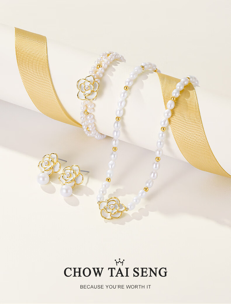 CHOW TAI SENG [Birthday Gift] Camellia Pearl Necklace, Pure Silver Women's Sweater Chain, Elegant Collarbone Chain for Girlfriend 1