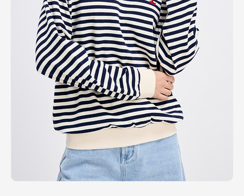 Navigare Women's All-Cotton Loose Long-Sleeve Sweatshirt, Striped Round Neck T-Shirt, 2315005501 18