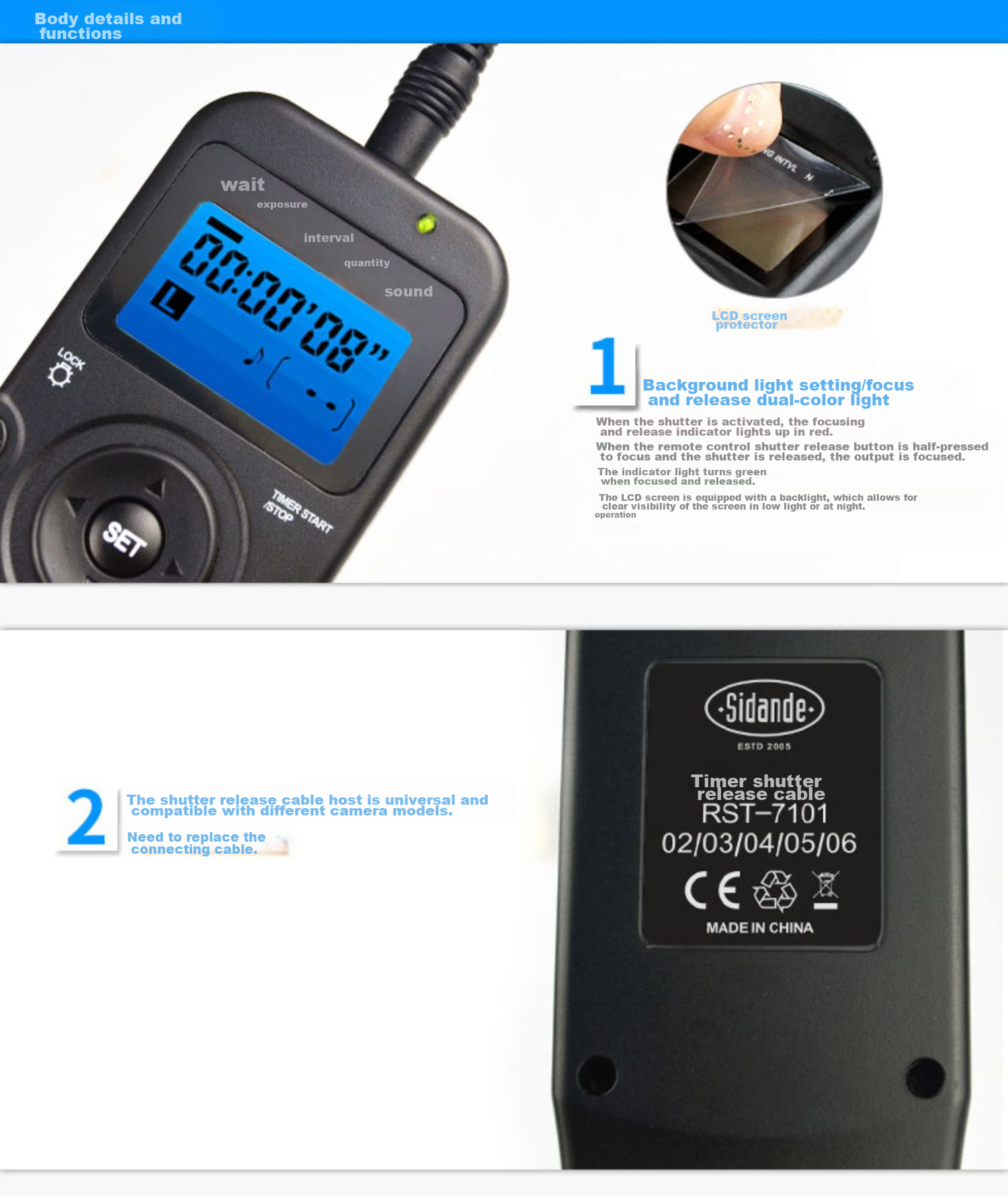Sidande 7100N1 Timer Cable, DSLR Camera Remote Control, Delay Photography Anti-Shake, Suitable for Nikon D850, D810, D800, D700, D500, D300, D3 13