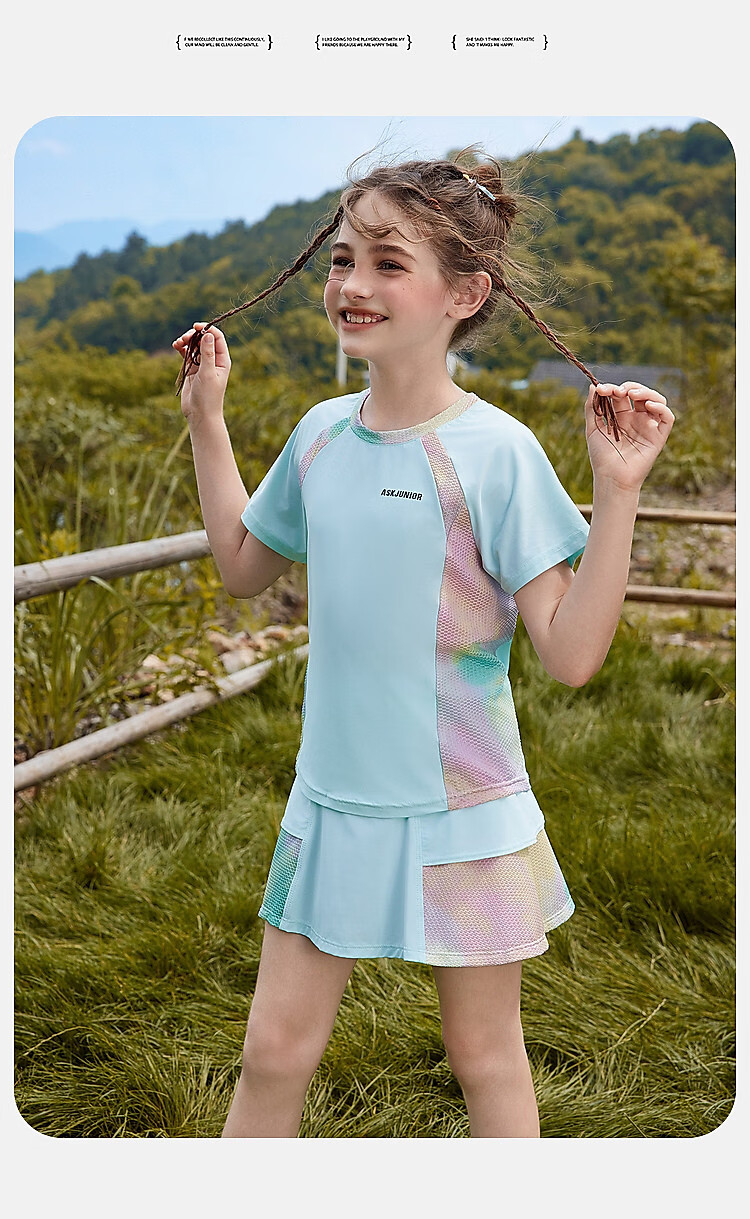 ASK JUNIOR Girls' Sports Set, Summer New Style, Lightweight Breathable Quick-Dry Short-Sleeve Top + Skirt, Ice-Cool Two-Piece Tennis Outfit 30