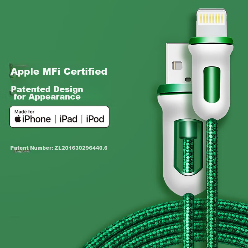 Кабель Snowkids Apple Lightning MFi, быстрая зарядка для iPhone 14/13 Pro/12/11/iPad, USB-кабель для зарядки, автомобильный USB-кабель питания, 1.2м, зеленый