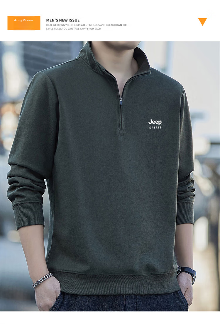JEEP SPIRIT Men's Sweatshirt, Spring Half-Zip Long-Sleeve T-Shirt, Men's Jacket Undershirt, Army Green, XL 14