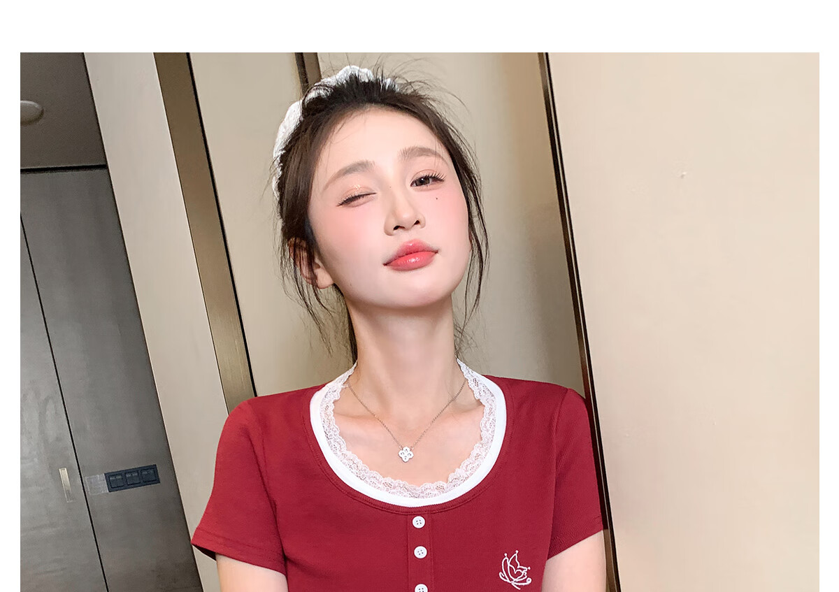 Halo Queen Women's Short-Sleeve T-Shirt, Round Neck, Red And White Contrasting Color Lace Splicing, Slim-Fit Embroidered Bow Waist-Cinching Slimming H52T076 16
