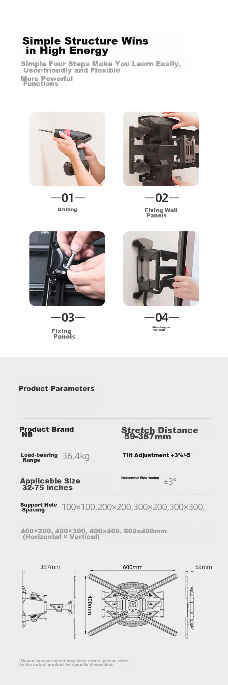 NB D65 TV Wall Mount Universal Rotating Extendable TV Bracket for Xiaomi, Hisense, Skyworth, TCL, Samsung (32-75 Inches) 18