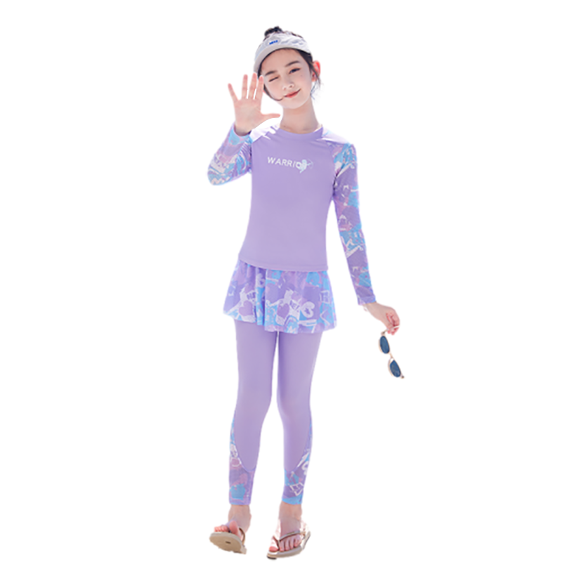 Huili Children's Swimsuit, Girls' Two-Piece Long-Sleeve And Long Pants Set, for Older Girls, Beach Swimming Five-Piece Set, 34065 Purple, 2XL