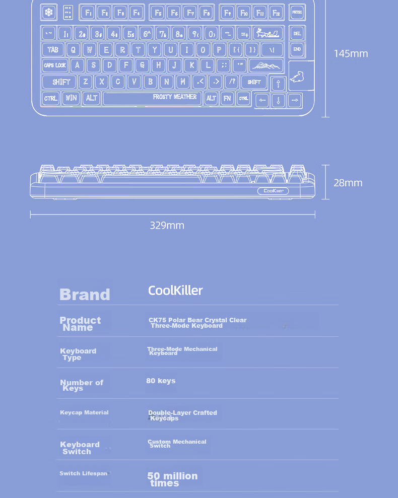 CoolKiller CK75 Arctic Bear Wired/wireless/blue Toed Three-Mode Transparent Customizable Mechanical Keyboard Ice Blade Switch Linear Switch 18