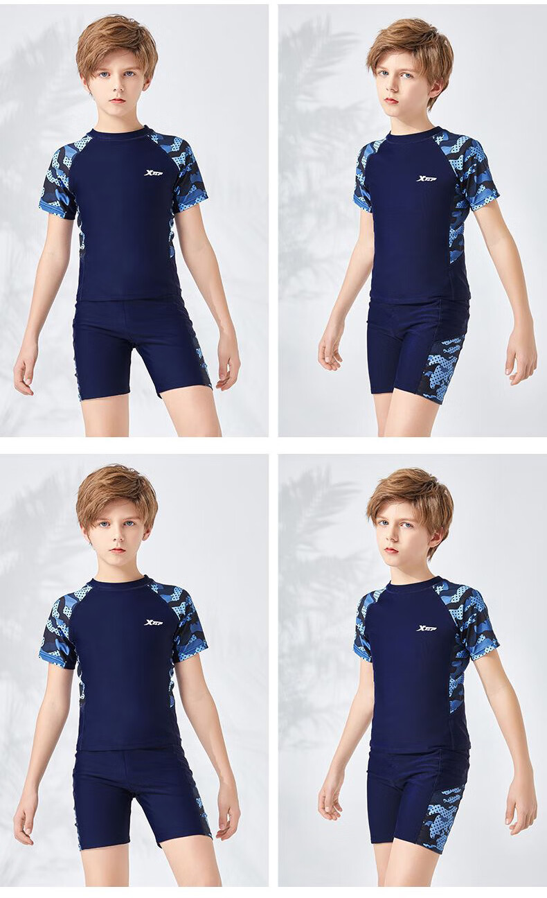 XTEP Children's Swimwear, Boys' Two-Piece Swimsuit, for Toddlers to Older Kids, Sports Swimming Gear, Colorful Blue, Size 130 11