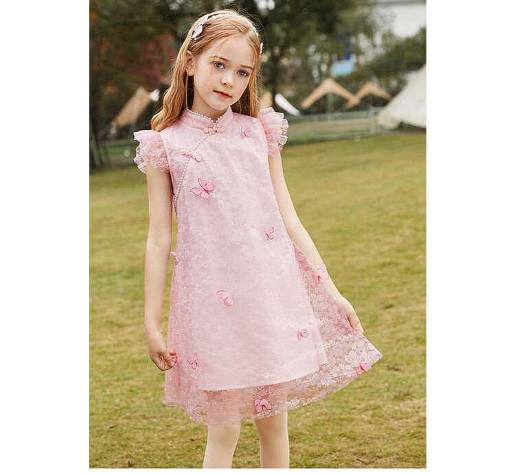 ASK JUNIOR Girls' Summer Dress with Small Flutter Sleeves, Retro New Chinese-Style Butterfly Qipao Dress, Princess Dress 11