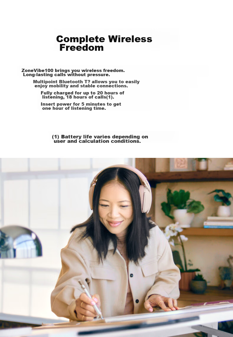 Logitech Zone Vibe 100 Bluetooth Headphones for Music, Office, And Casual Use with Microphone, Pink (A00167) 4